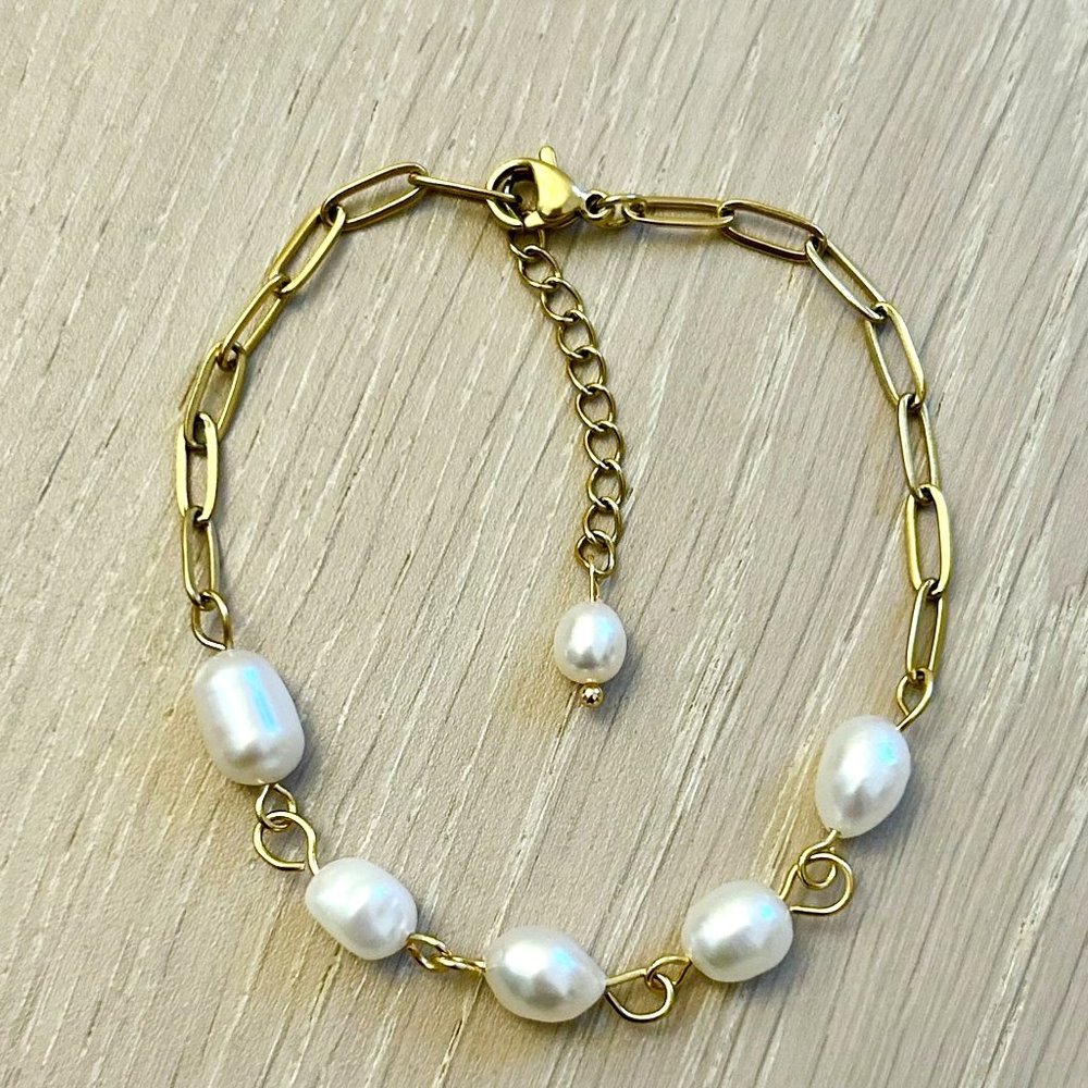 Bracelet Pearl gold PaperClip Chain, Real pearls 316 Stainless Steel Gold Plated